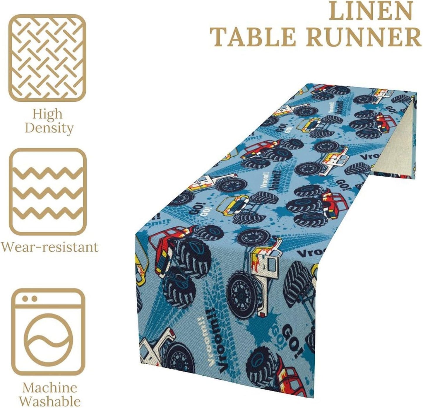 Monster Truck Table Runner,for Kids Boys Cool Colorful Cartoon Blue Cars Pattern Print Tablecloth Burlap for Hotel Indoors Outdoor Dining Room Kitchen Home Decor,W13X L36 in