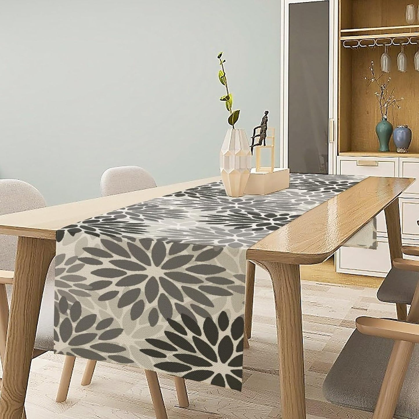 Gray Dahlia Flower Table Runner, Vintage Modern Linen Geometric Pattern Floral Table Runner Spring for Farmhouse Kitchen Dining Party Holiday Party, 13x36 Inch