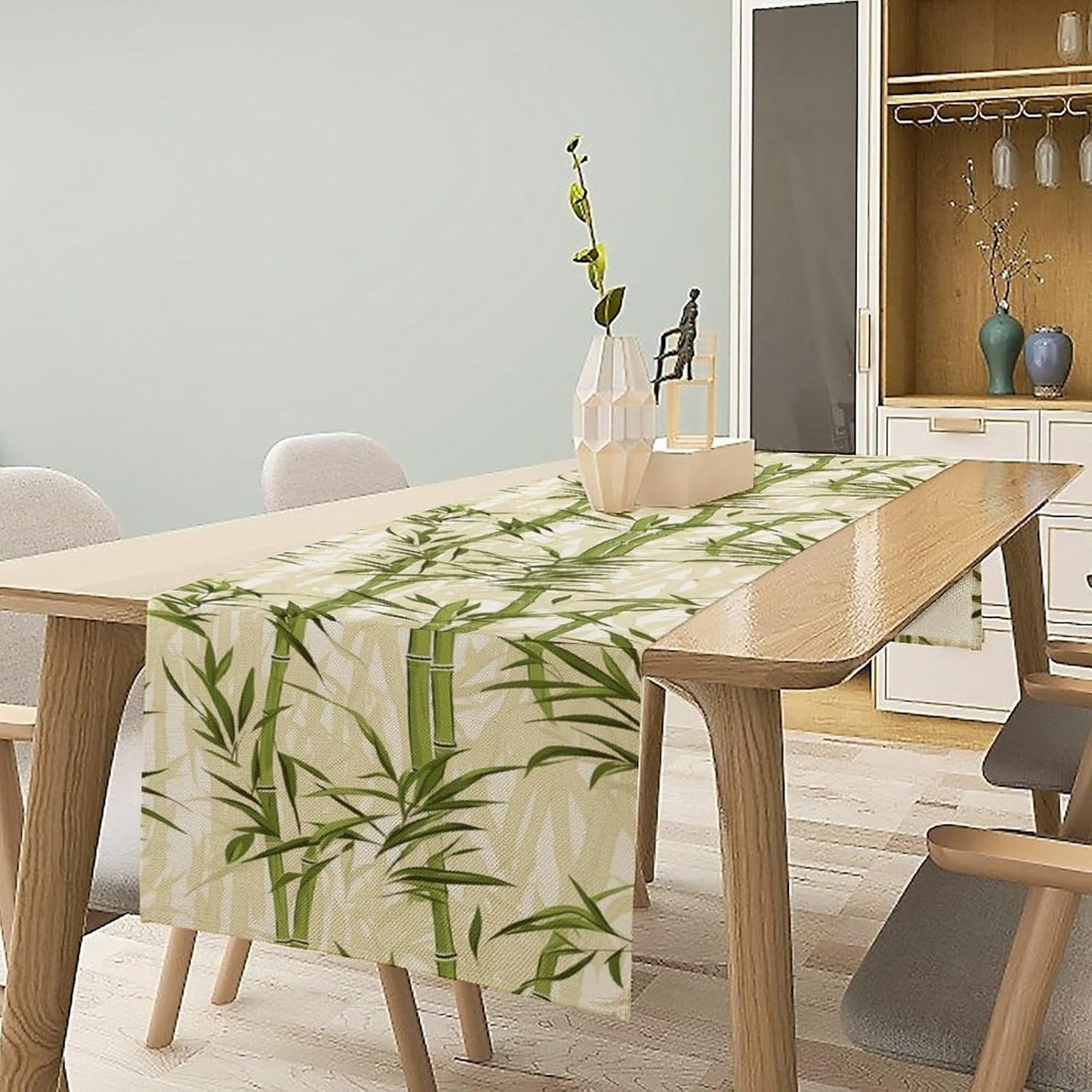 Bamboo Table Runner,Green Plant Leaf Pattern Table Cloth Kitchen Dining Table Home Party Decoration 13x108 Inch