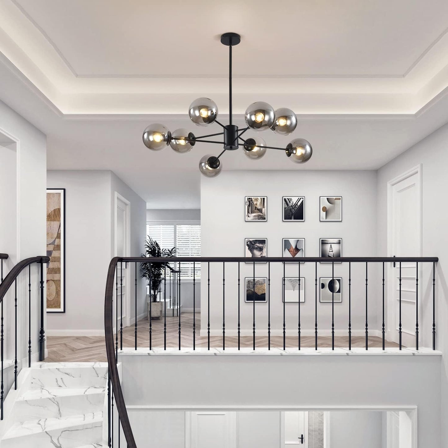 KCO Lighting Modern Glass Globe Sputnik Chandelier 8-Light Mid Century Black Sputnik Chandelier Pendant Light Fixture Farmhouse Industrial Chandelier Light Fixture (Black+Smoke Grey)