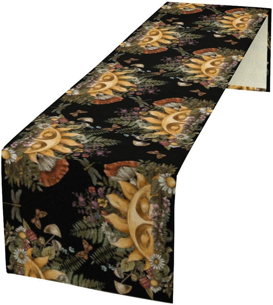 Sun Moon Table Runner, Bohomian Mushroom Daisy Table Gothic Dragonly Butterfly Table Center Decor Table Runner for Indoor Outdoor Party Kitchen Dinner Black, 13x120 Inch