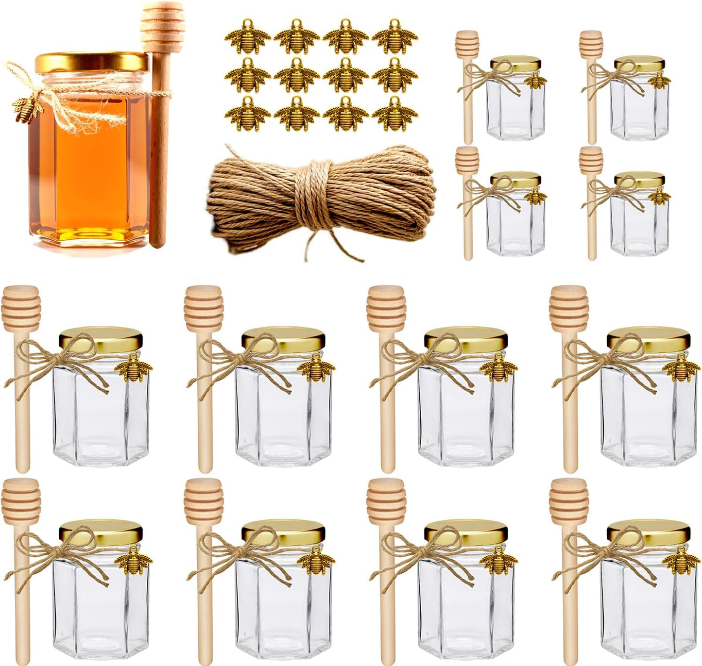 Adabocute 4oz Hexagonal Honey Jars - Glass Honey Jars with Gold Lids, Wooden Dippers, Bee Charms and Jutes - Hexagon Jars for Baby Shower, Wedding and Party Favors, 12 Pack