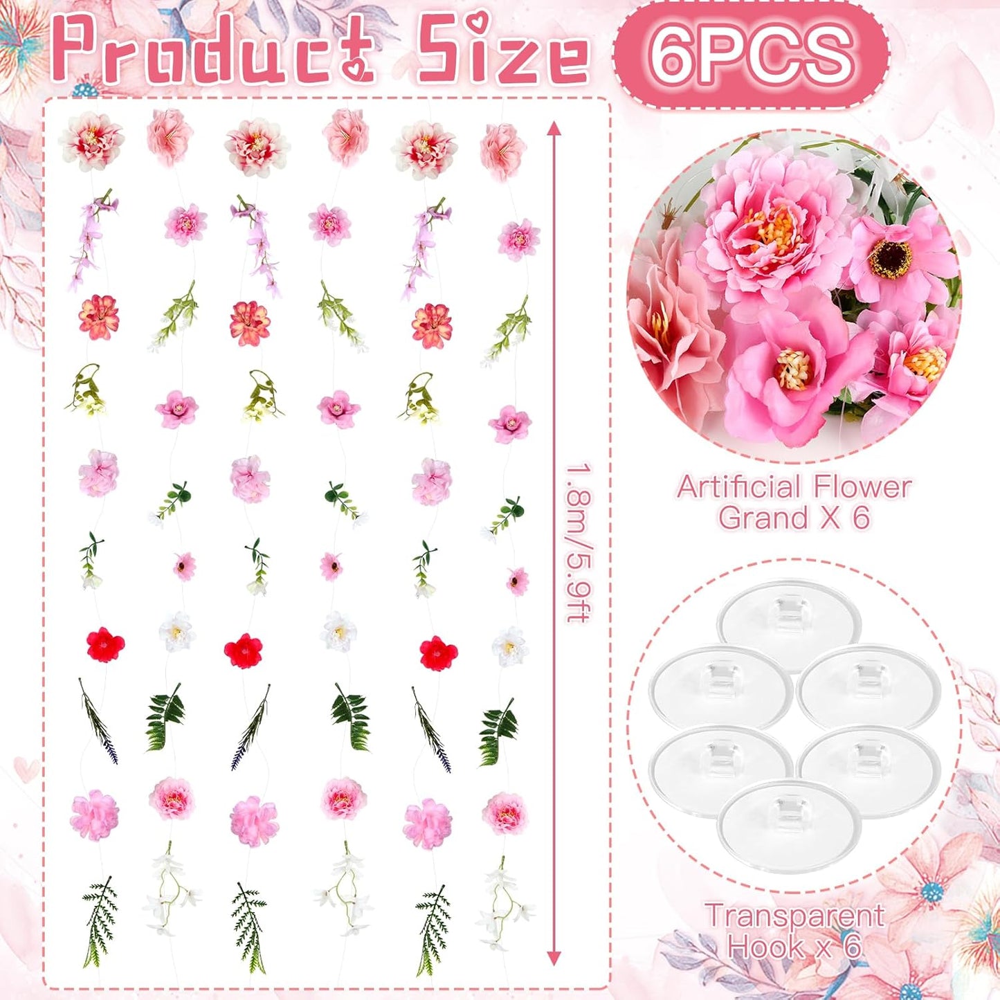 6 PCS 35.4 ft Artificial Hanging Flower Garland, Floral Vines Hanging Flowers for Decoration with Hooks, Wildflower Garland for Wedding Party Background, Birthday, Baby Shower, Home, Garden