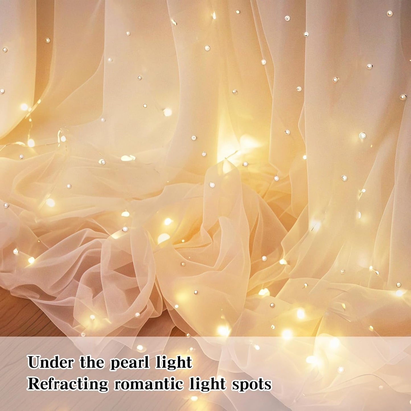 10 * 8FT Beige Pearl Tulle Double Layered Backdrop Curtain with Lights String and Lining Fabric for Wedding Baby Shower Birthday Parites Photo Decorations