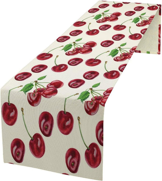 Red Cherry Table Runner Watercolor Tropical Fruit Spring Summer Wild Berry Dinner Runner for Girl Baby Shower Party Holiday Home Kitchen Dining Table Decor 13x36