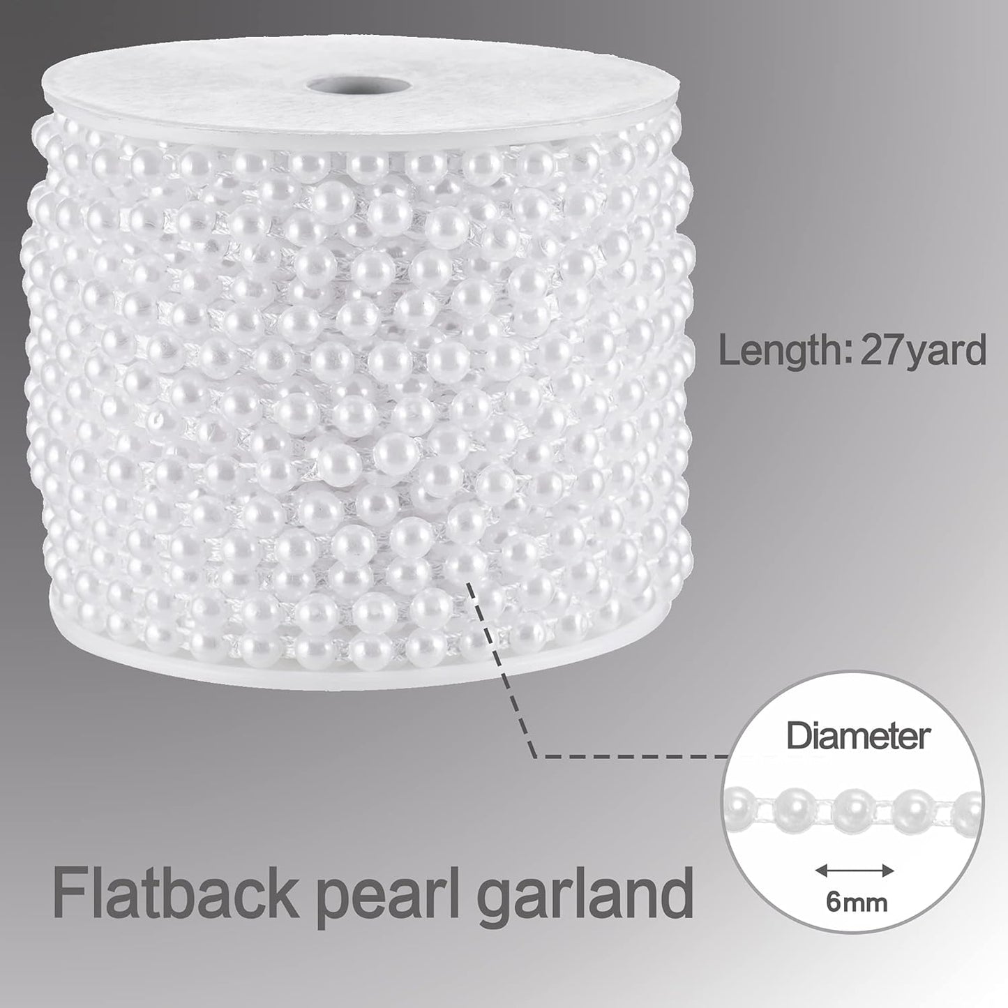 Half-Round Pearl Bead Garland String 27 Yards, 6MM Flat Pearl Beaded Spool Roll Crafts for Wedding Party Decoration(White)