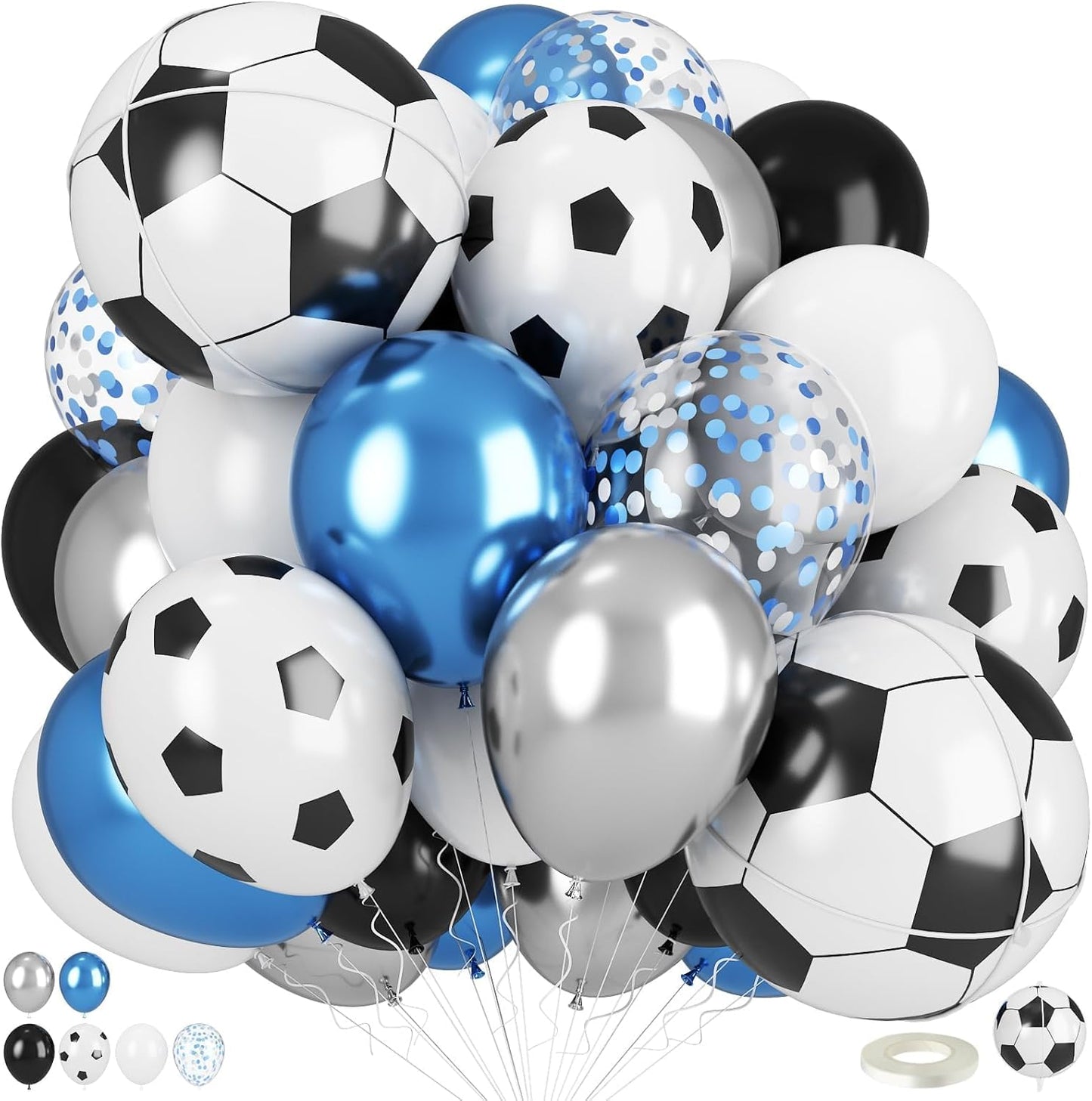 Soccer Balloons, Metallic Blue Silver Balloons with 18 Inch Soccer Ball Foil Print Balloon for Sport Theme Party Decorations, Chrome Silver Blue Confetti Balloon for Boys Men Birthday