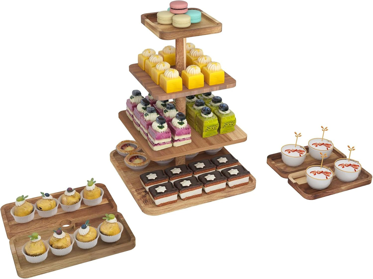 Acacia Wood 4 Tier Cupcake Stand with 4 Removable Snack Tray, Rustic Square Cup Cake Tower Stand for 50 Cupcakes, Display Cakestand for Wedding, Birthday, Serving Tea Party, Natural