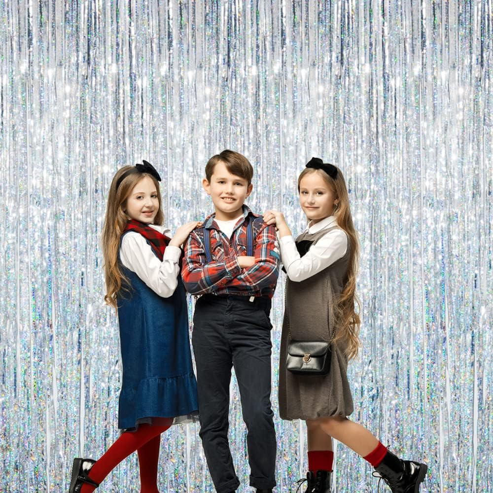 GOER 3.2 ft x 8.2 ft Metallic Tinsel Foil Fringe Curtains Party Photo Backdrop Party Streamers for Birthday,Graduation,New Year Eve Decorations Wedding Decor (4 Packs,Shiny Silver)