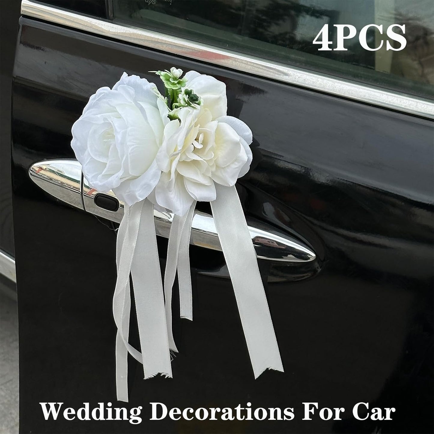 White Rose & Peony Wedding Car Door Handle Decor – 12 cm Artificial Flowers with Faux Greenery, Satin Ribbon Bow & Suction Cup – Versatile Bridal Vehicle & Mirror Ornament (Set of 4)