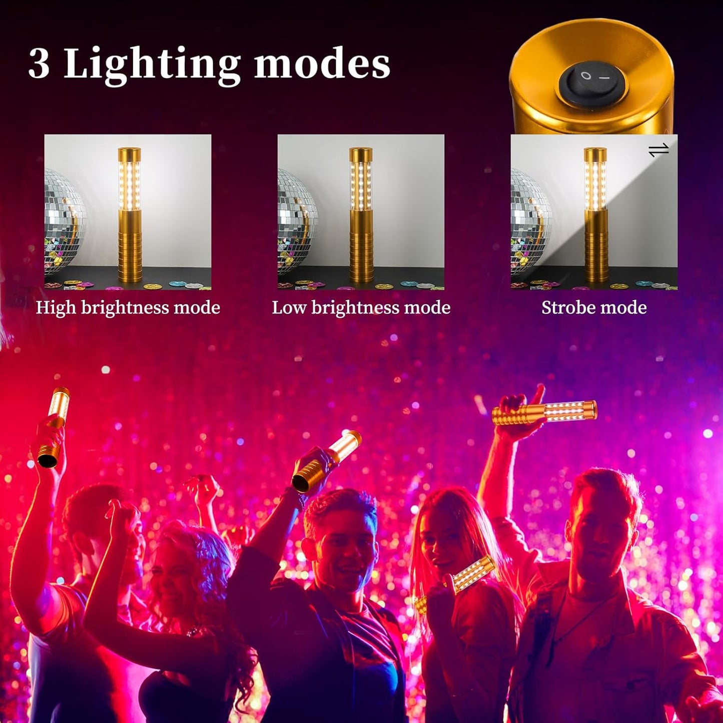 2 Pieces LED Strobe Baton Light Rechargeable Bottle Service Sparklers Stick Reusable Champagne Bottle Handheld LED for Club Stage Nightclub Party Concert Event Bar Outdoor - Gold