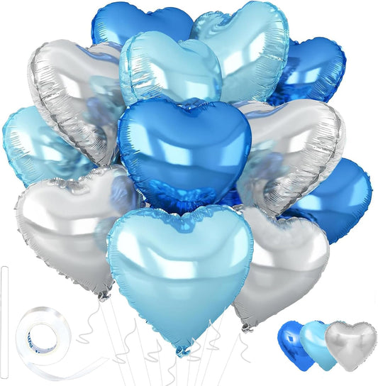 Silver Heart Balloons,18inch Bright Blue Heart Shaped Foil Balloons & Blue Helium Mylar Balloon for Anniversary Wedding Engagement Birthday Party Baby Shower Decorations(12Pcs)
