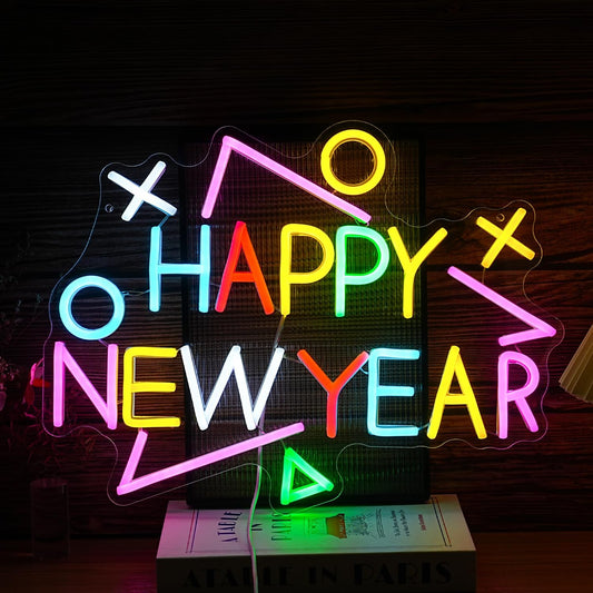Happy New Year Neon Sign Exquisite And Beautiful New Year LED Light Up Sign for Decor Dimmable USB Powered New Year Neon Light Sign for New Year Celebrate Party Home Room Business Wall Decor (16.5*12.6 In Multicolored)