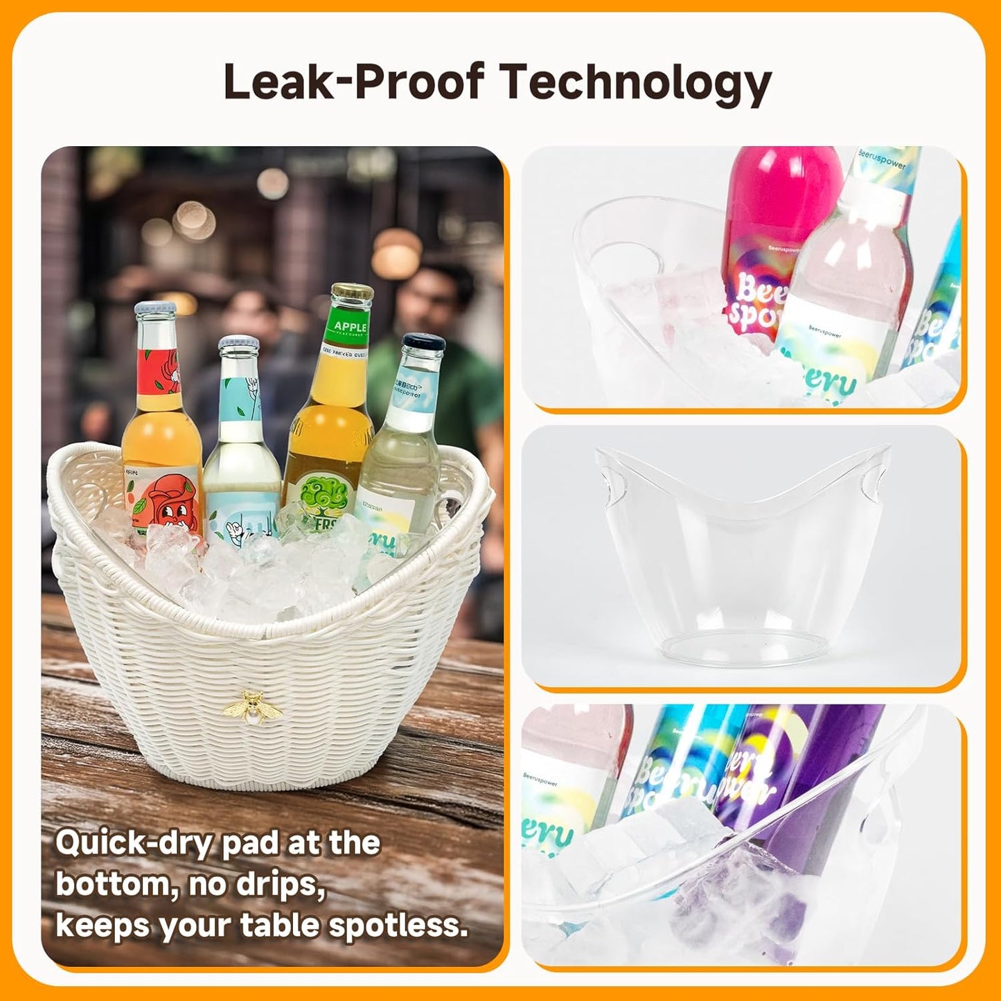 Lexenic Ice Bucket with Handle Hole, Woven and Acrylic Double Layer Basket Design, 4L Champagne Wine Ice Bucket for Cocktail Bar, Parties- Anti Frozen Hands Anti Water Leakage (Plastic-White)