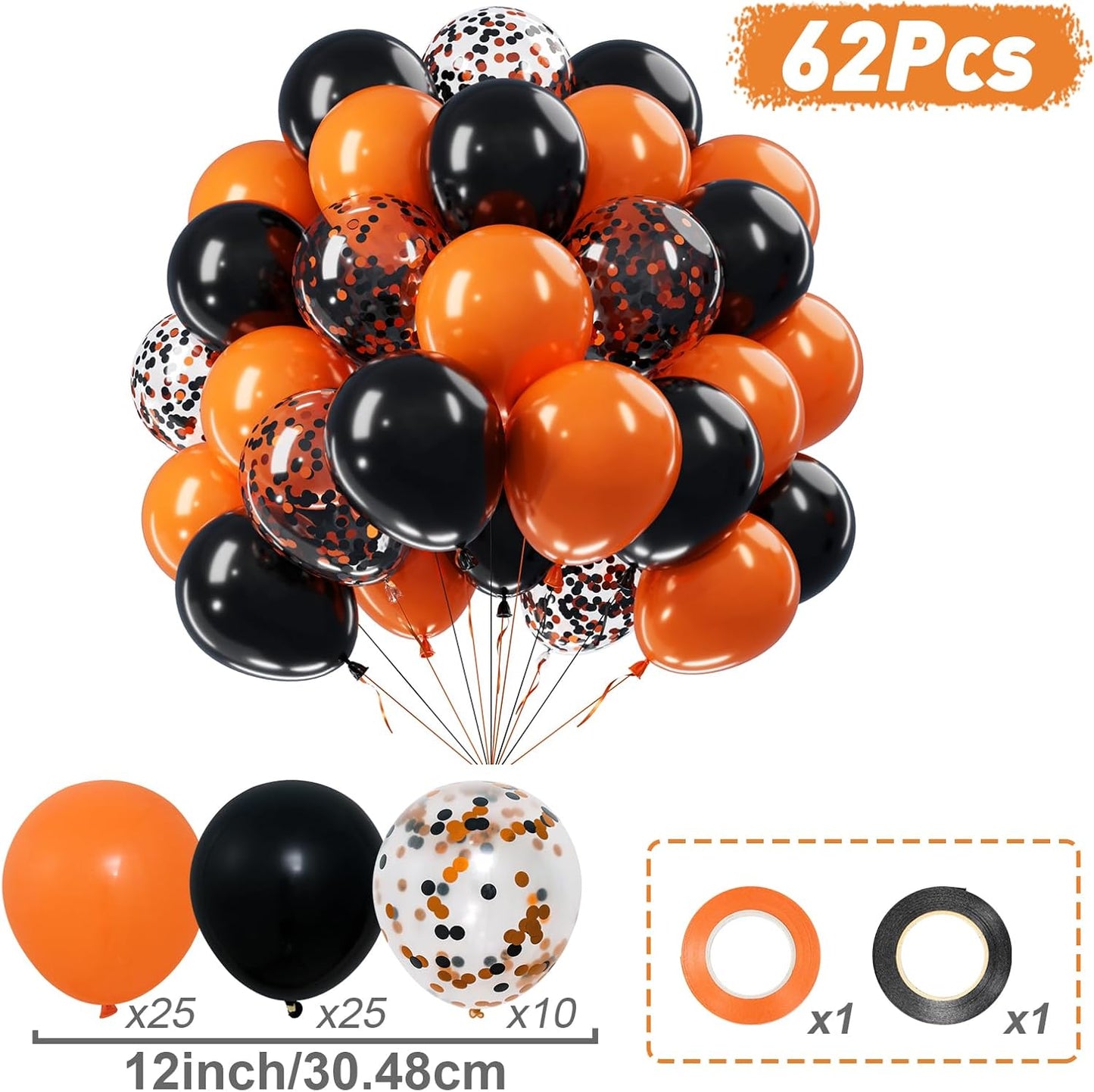 Halloween Black and Orange Balloons Set, 60Pcs 12 Inch Orange Black Confetti Latex Balloon for Halloween Baby Shower Spooky Birthday Party Bar Anniversary Graduation Decorations
