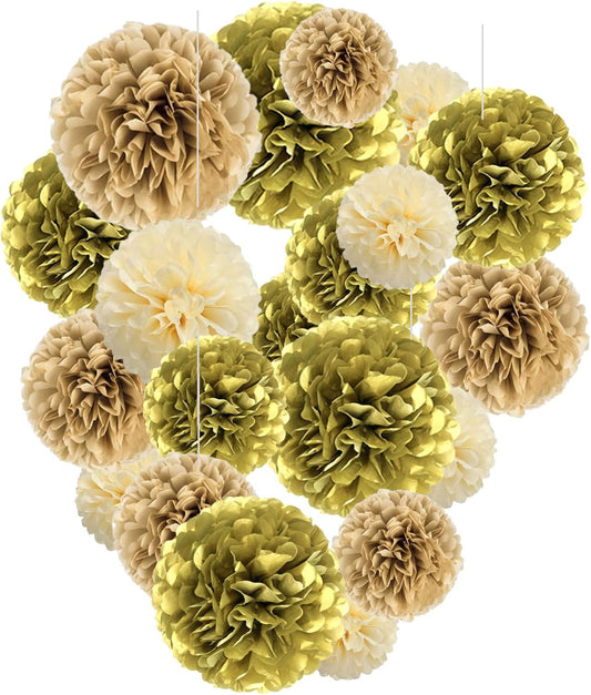 Capesaro Gold Paper Pom Poms - Tissue Pom Poms Decorations for Party Wedding Hanging Decor - 15 Piece Set, Variety Pack