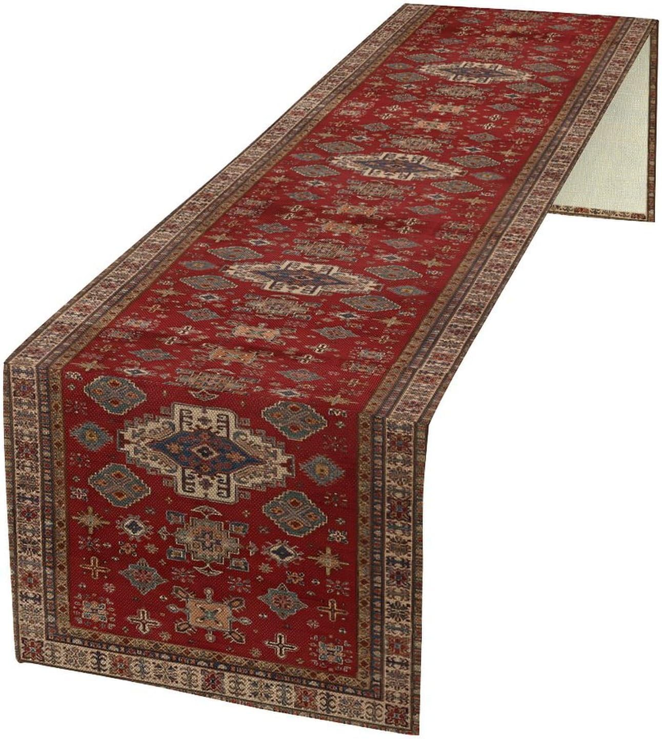 Boho Floral Vintage Table Runner, Retro Red Brown Flower Rustic Country Farmhouse Abstract Pattern for Home Kitchen Table Decor Dining Coffee Room Party Decor 13x60in