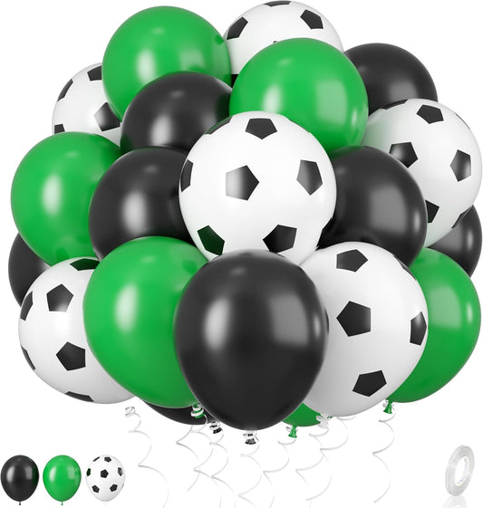 Football Balloons, 12 Inch Green Black White Latex Soccer Printed Balloons With Ribbons for Boys Football Party Sports Anniversary Baby Shower Decorations