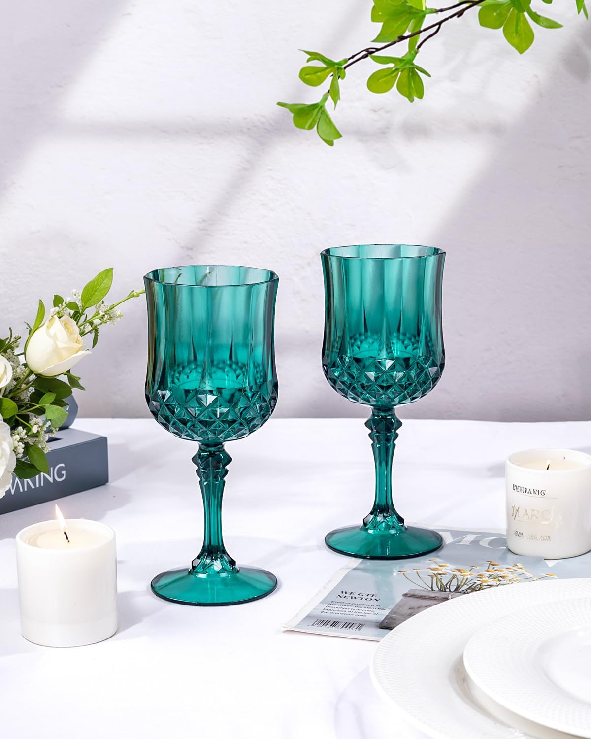 Ciaell 24PCS Green Plastic Wine Glasses - 7 Oz Plastic Goblets for Party - Green Vintage Drinking Glasses - Disposable Water Goblets Set for Wedding, Bar, Wine, Beer, Juice, Cocktail, Christmas