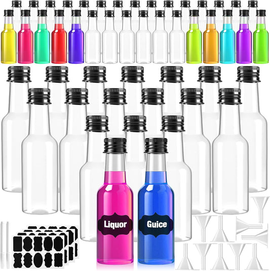 50 Pcs Mini Liquor Bottles with Black Cap, Plastic Alcohol Bottles, 2oz Leakproof Empty Spirit Bottle, Mini Salad Dressing Bottle with Funnels for Cocktail Party Weddings