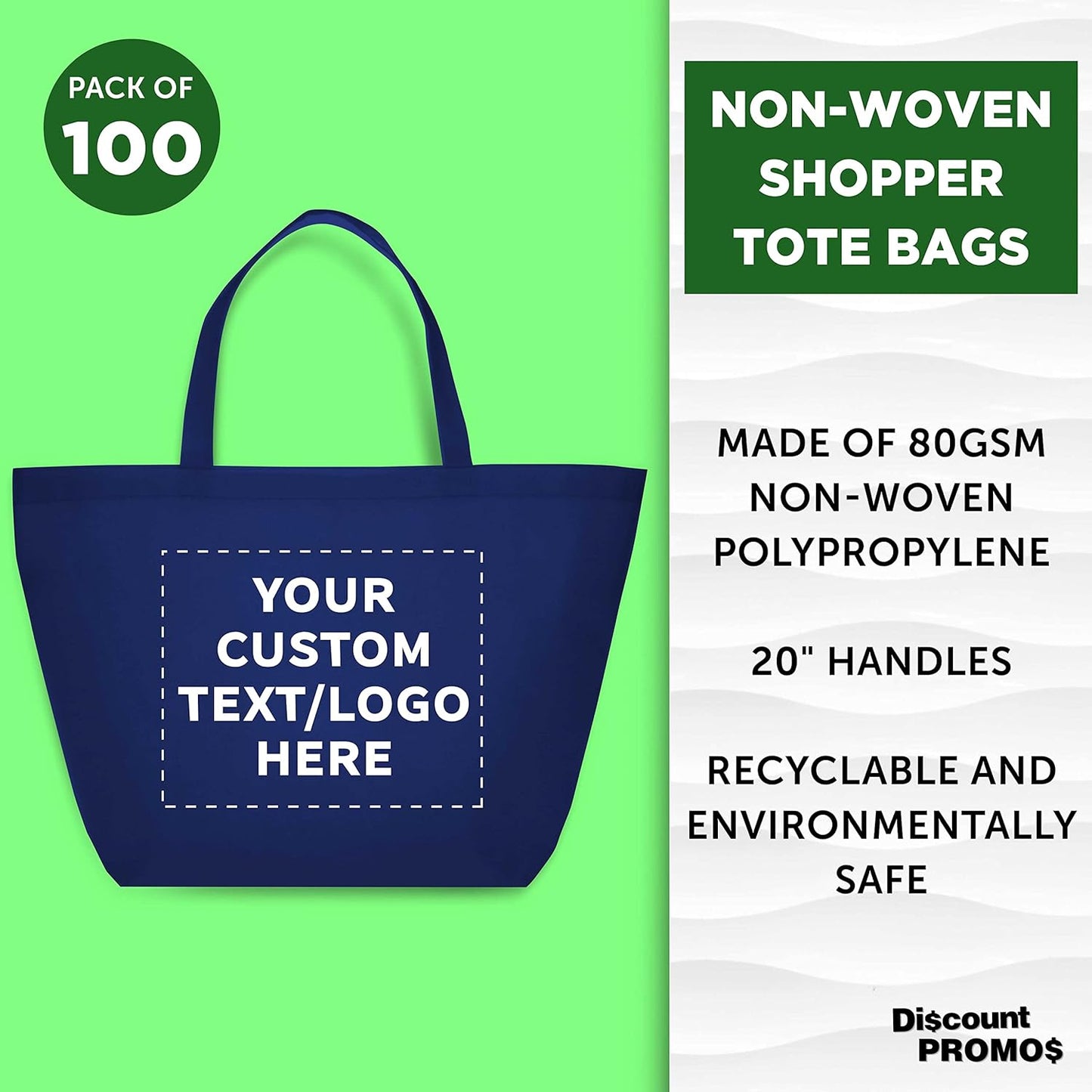 DISCOUNT PROMOS Custom Southern Style Grocery Tote Bags Set of 100 - Personalized Bulk Pack, Reusable Grocery & Shopping Bags - Great for Travel, Business Promotions - Navy Blue - 20"X13"X8"