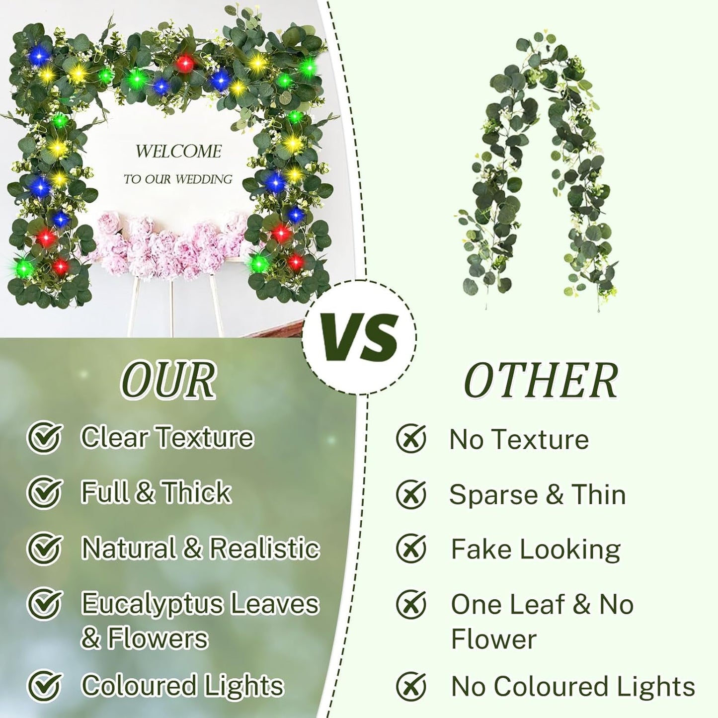 Eucalyptus Garland with Lights, 2Pcs 6FT Green Flower Garland Decor, Artificial Faux Eucalyptus Leaves Greenery Vines for Table Runner Wedding Bedroom Mantle Arches Backdrops Decorations