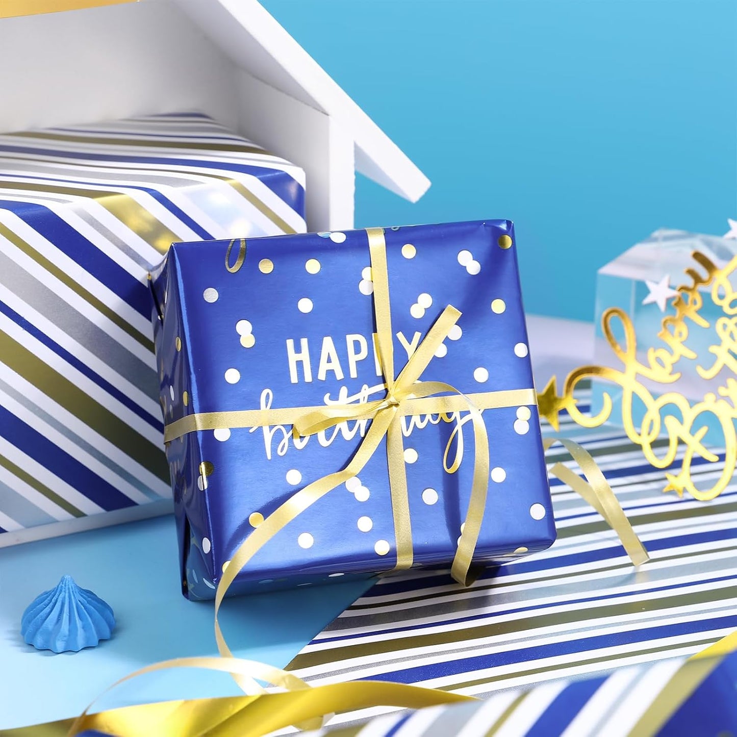 LeZakaa Reversible Blue Birthday Wrapping Paper Roll for Boys Men, Happy Birthday Lettering & Stripe Pattern with Metallic Foil in Navy Blue, Mini Roll, 17 inches x 32.8 Feet (46.45 sq.ft.)