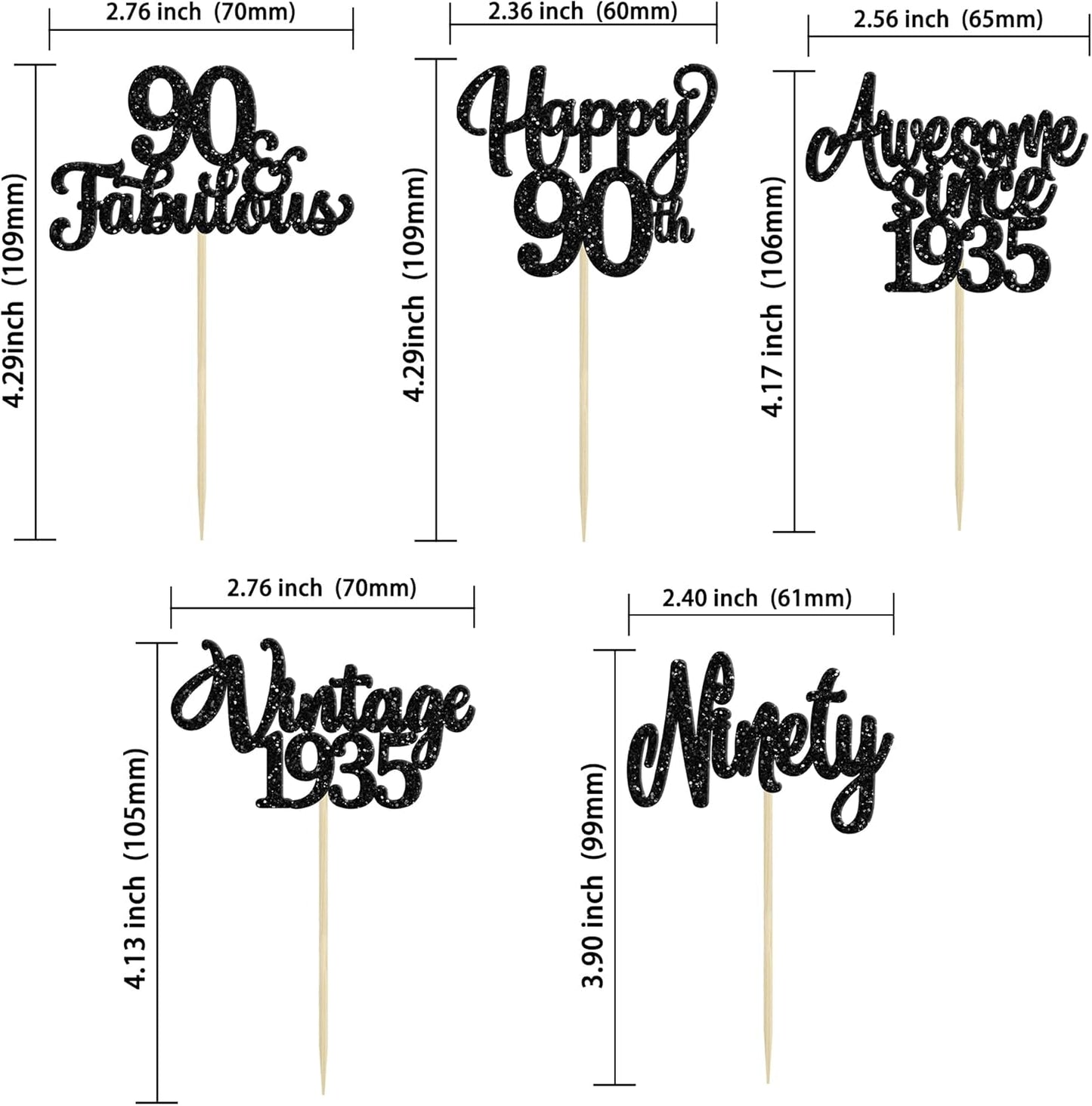 30Pcs Happy 90th Birthday Cupcake Toppers Glitter Awesome Since 1935 Ninety 90 Fabulous Vintage 1935 Cupcake Picks for 90th Birthday Anniversary Retirement Party Cake Decorations Supplies Black