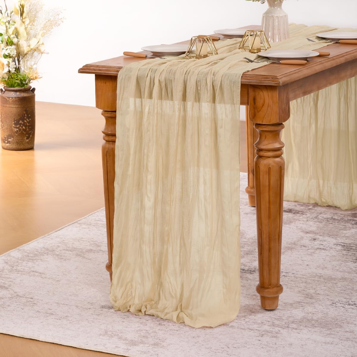 MLMW 3 Pack Champagne Gold Table Runner Cheesecloth Boho Gauze Rustic Cheese Cloth 160 inch Sheer Wedding Table Runner 13.3ft for Thanksgiving Party Baby Bridal Shower Birthday