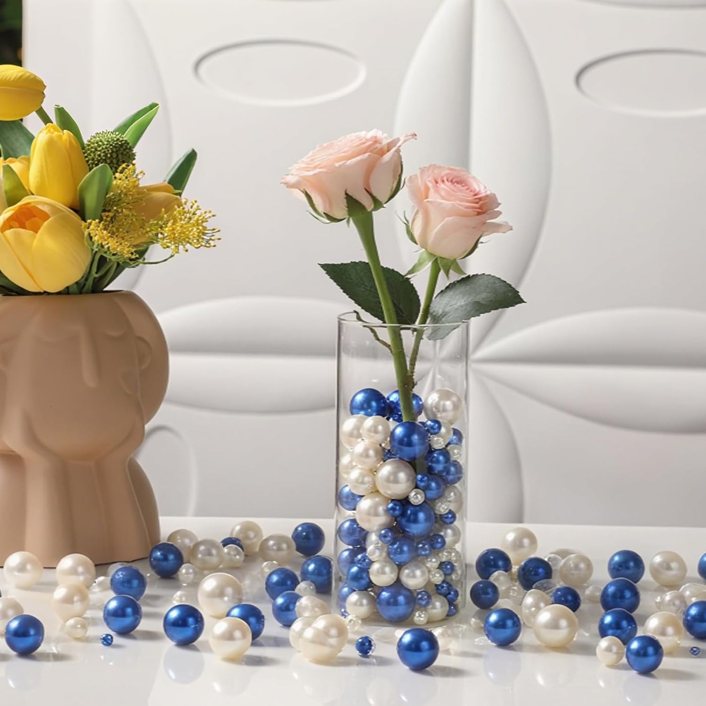 200 Pcs Vase Filler Beads White and Blue Pearl Beads for Vase No Hole Pearls for Centerpieces Vases Home Table Party Decor DIY Wedding 8/14/20mm