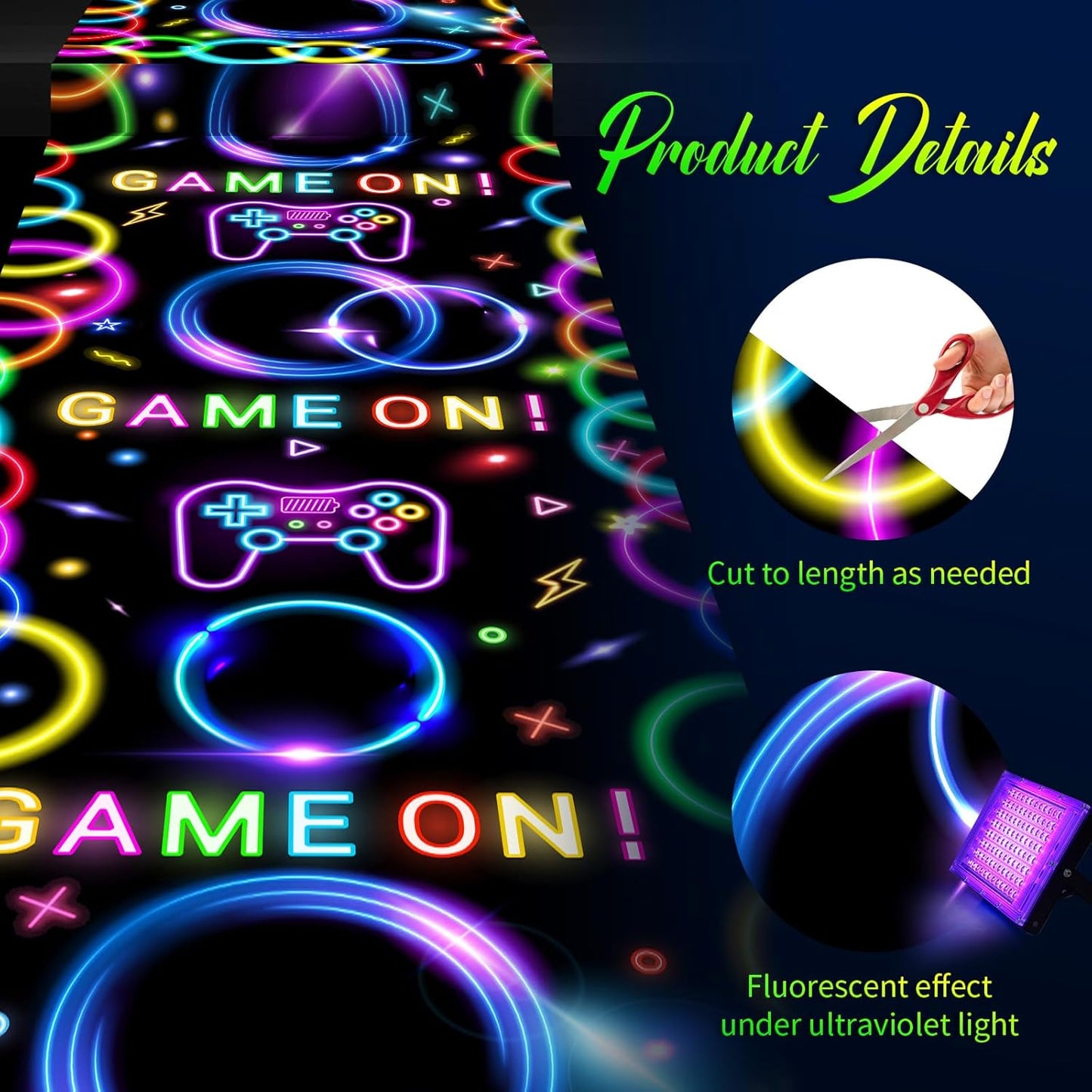 Haull 118 x 39 Inch Neon Light up Dance Floor Glow in The Dark Runner UV Reactive Blacklight Floor Aisle Runner Decor Wall Props for 80s 90s Neon Birthday Party Decorations(Game on)