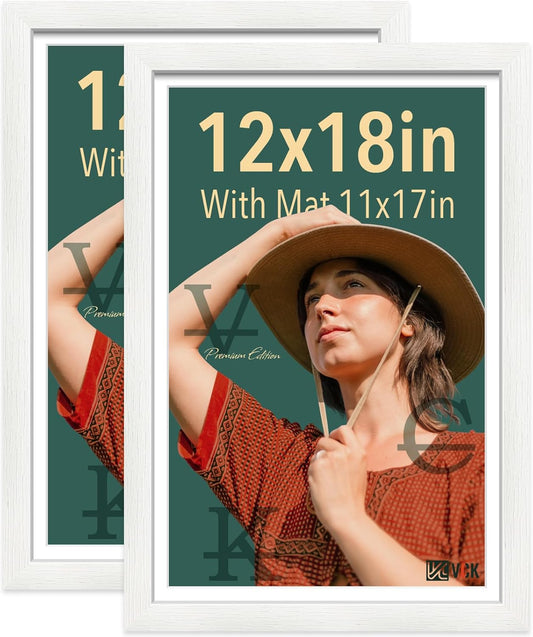 VCK 12x18 Frame, Textured White Wood Poster Frame with HD Glass, Display Picture 11x17 with Mat or 12x18 without Mat, 2 Pack