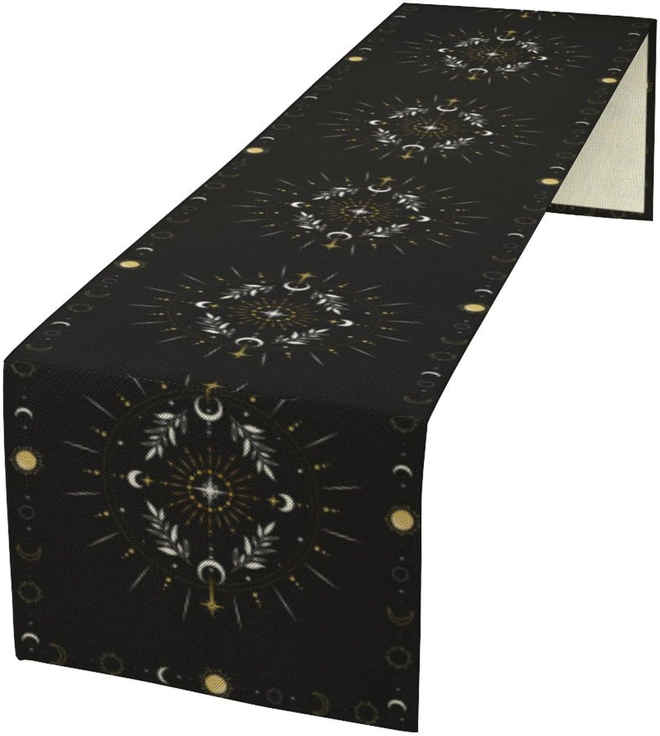 Sun Moon Table Runner, Magical Leaves Mysterious Western Traditional Elements Black White Table Runner for Party Living Room Home Kitchen Dinner 13x90 Inch