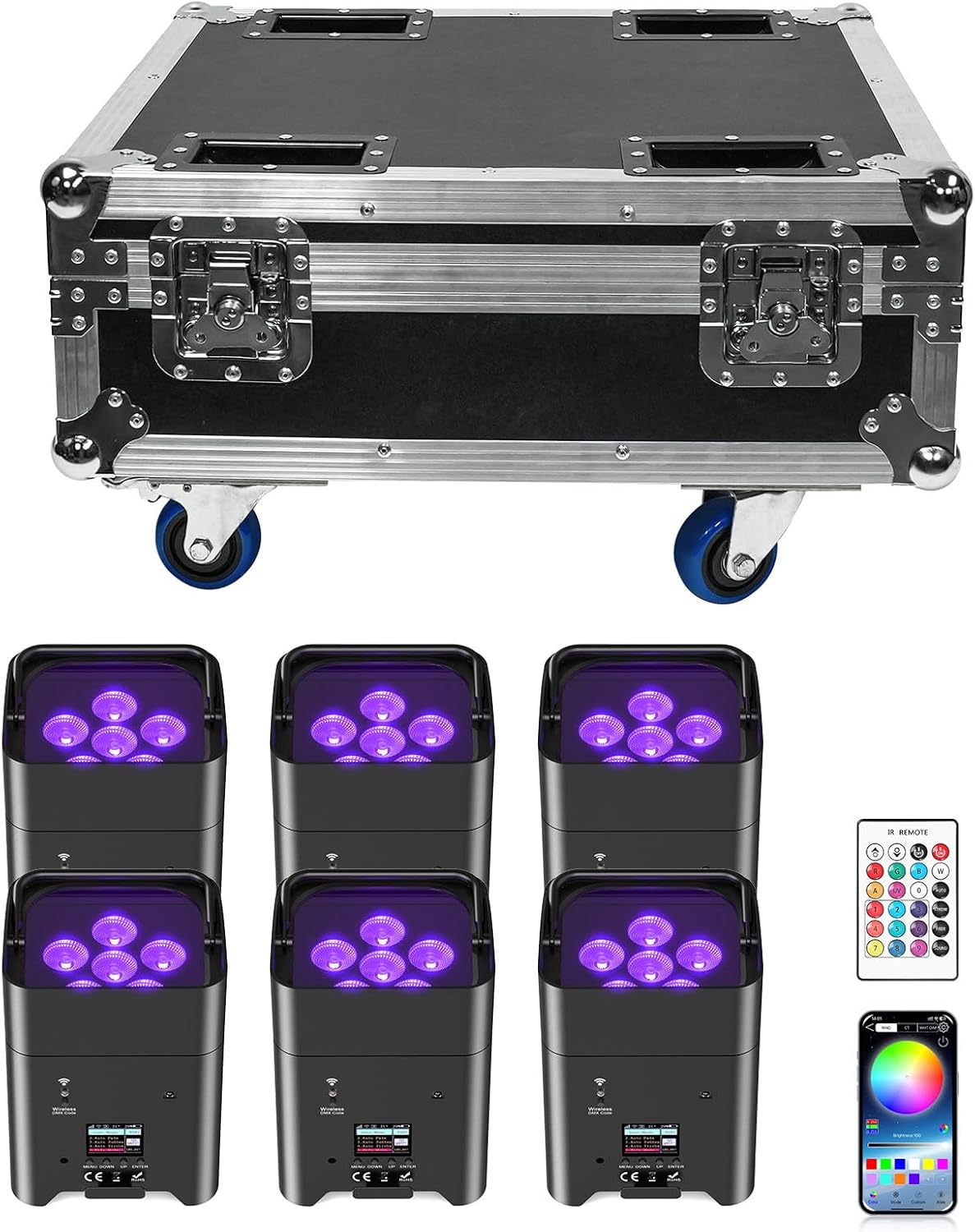 9600mAh Wireless Uplights with Charging Case, 6x18W RGBWA UV Stage Lights, APP/DMX512 Controlled Par Lights, Rechargeable Battery Powered Uplights for Show, Party,Black 6 Pack
