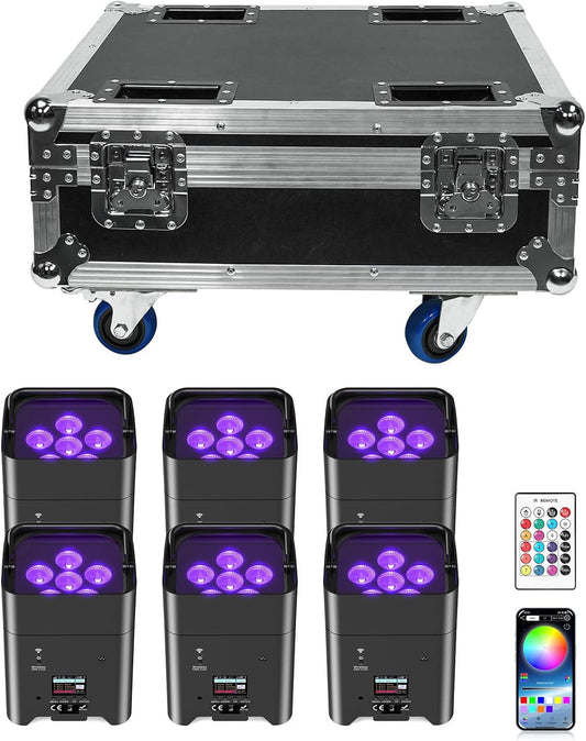 9600mAh Wireless Uplights with Charging Case, 6x18W RGBWA UV Stage Lights, APP/DMX512 Controlled Par Lights, Rechargeable Battery Powered Uplights for Show, Party,Black 6 Pack