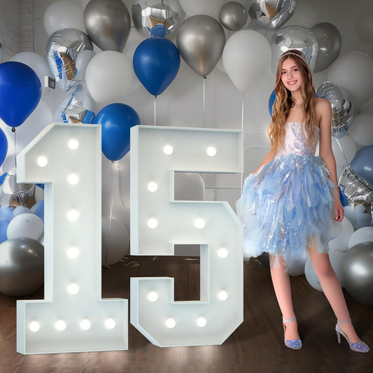 Marquee Numbers 4 Feet Tall Big Light Up Numbers 15th Happy Birthday Decorations Girl Boy White Anniversary Party Decor Large Cardboard Prop Backdrop Sign 15