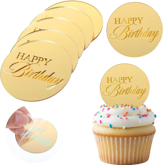 20 Pcs Acrylic Cupcake Toppers Circle Mirror Cake Toppers Disc Happy Birthday Cake Decoration Acrylic Engraved Cakes Picks Personalized Mirror Decoration for Birthday Party DIY Supplies