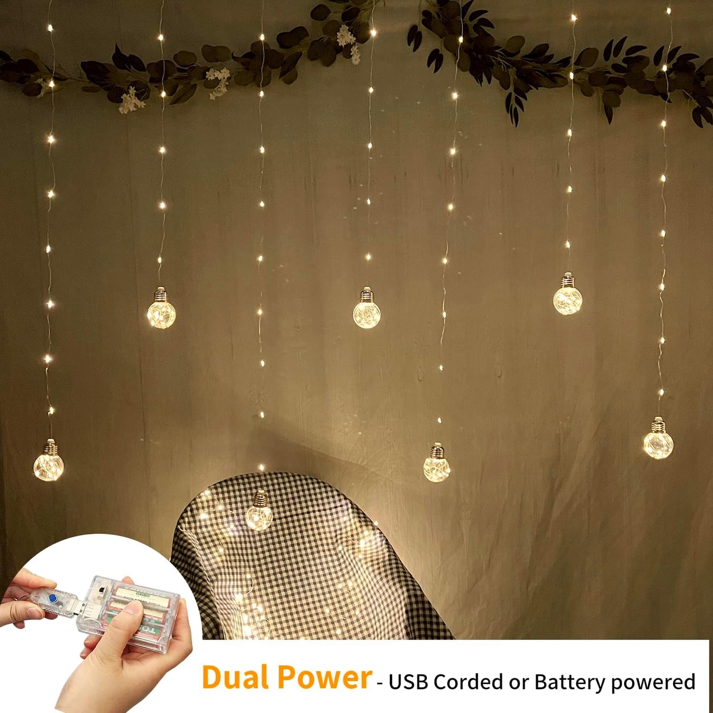 YOLIGHT Wishing Ball Curtain Lights 200 LED Window Curtain String Lights with Remote, USB Battery Powered Twinkle Globe Fairy Lights for Wedding Party Bedroom Christmas Decoration (Warm White)