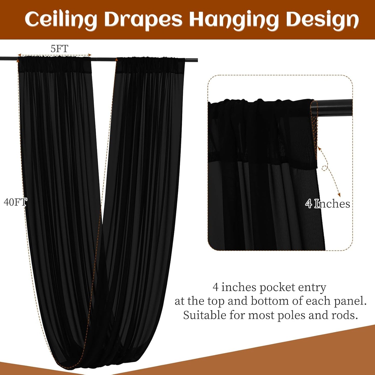 6 Panels Black Wedding Ceiling Drapes 5ftx40ft Ceiling Drapes Chiffon Fabric Arch Draping Sheer Curtains Soft Drapery Draping Wedding Ceiling Decorations for Party Ceremony Stage Swag