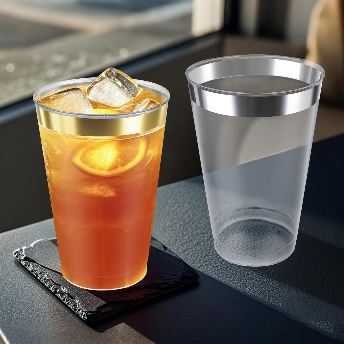 12OZ Plastic Cups with Gold Rimmed Sturdy & Food Safe Disposable Wine Glasses Weeding Party Cups Disposable Drinking Cups Plastic Cocktail Glasses for Wine, Juice & Cold Beverages [200 Pack]