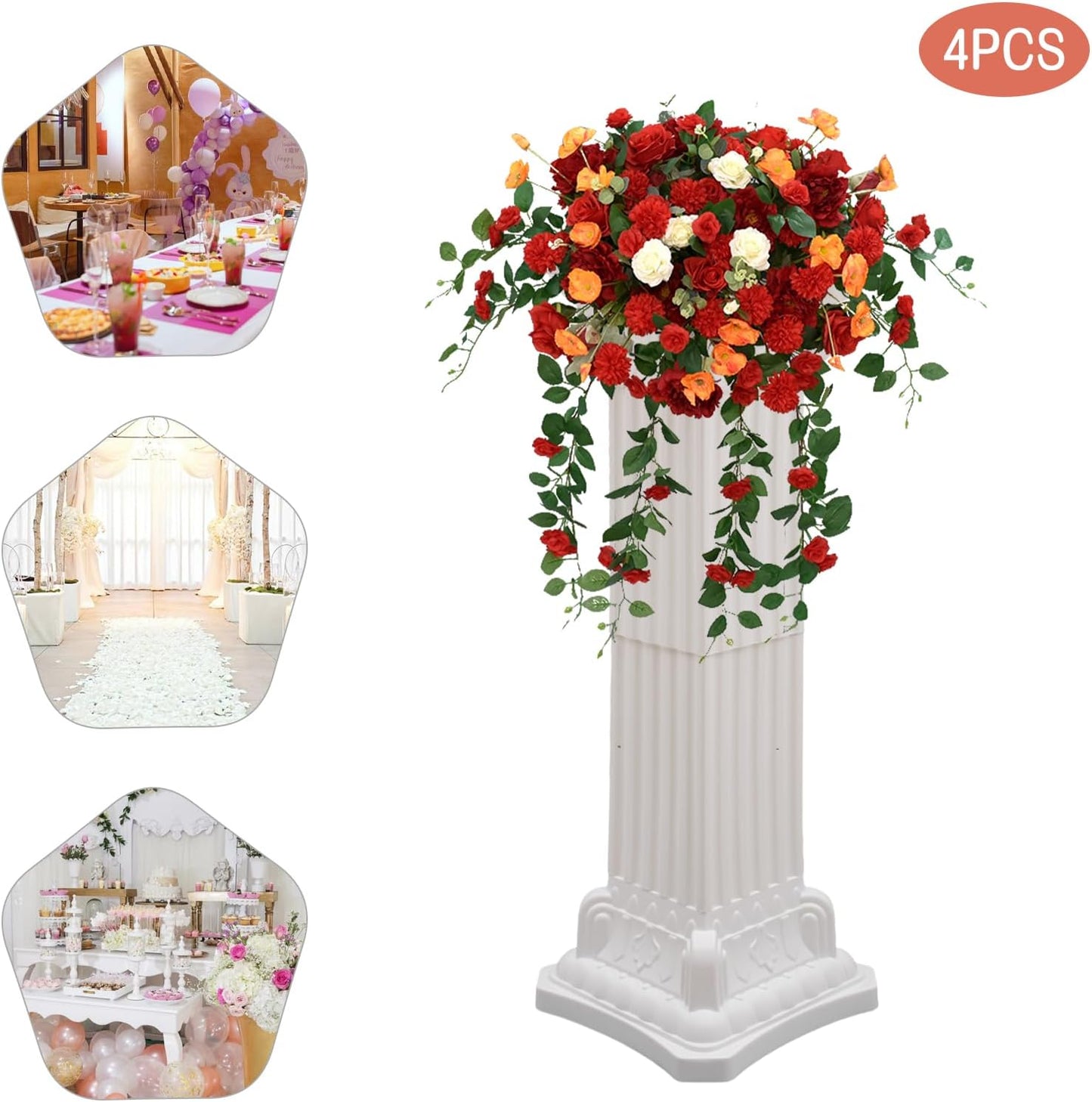 Roman Pillars Decoration Party Flower Pot Columns Set 4Pcs Decor Pedstal Stand 11.8x35.4in Flower Floral Wedding Party Event Road Decorative Columns (11.8x35.4in)