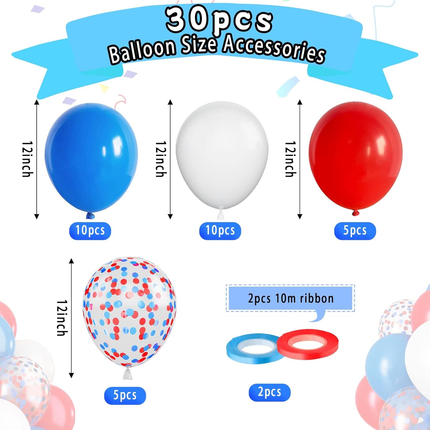 Paready Red and Blue Latex Balloons, 30 Pcs 12 Inch White and Red Blue Confetti Balloons with Ribbons for 4th of July Independence Day Birthday Baby Shower American Party Graduation Decoration