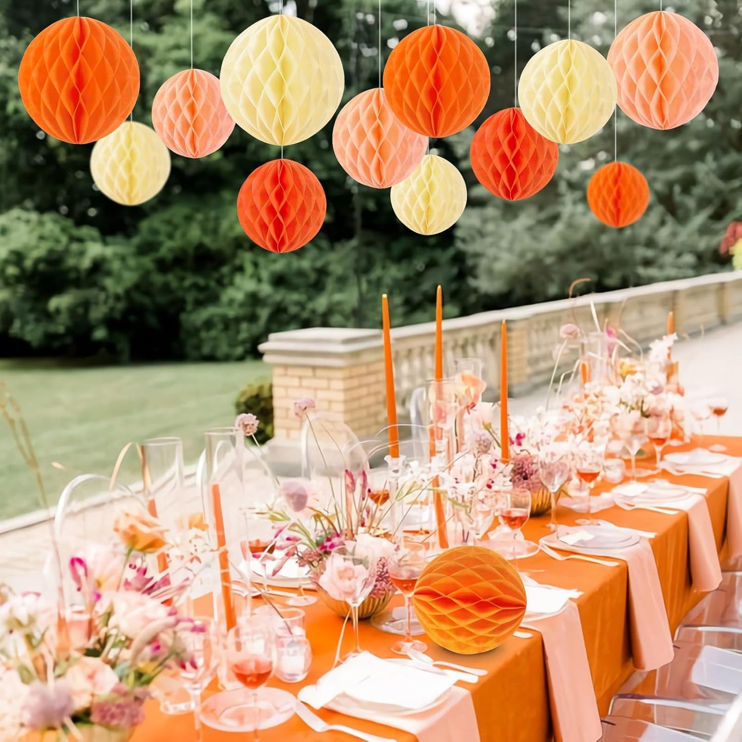 Pink and Orange Honeycomb Hanging Paper Balls, Fall Party Decoration, Groovy Birthday Party Decor for Graduation Autumn Halloween Wedding Baby Shower Birthday, Set of 16