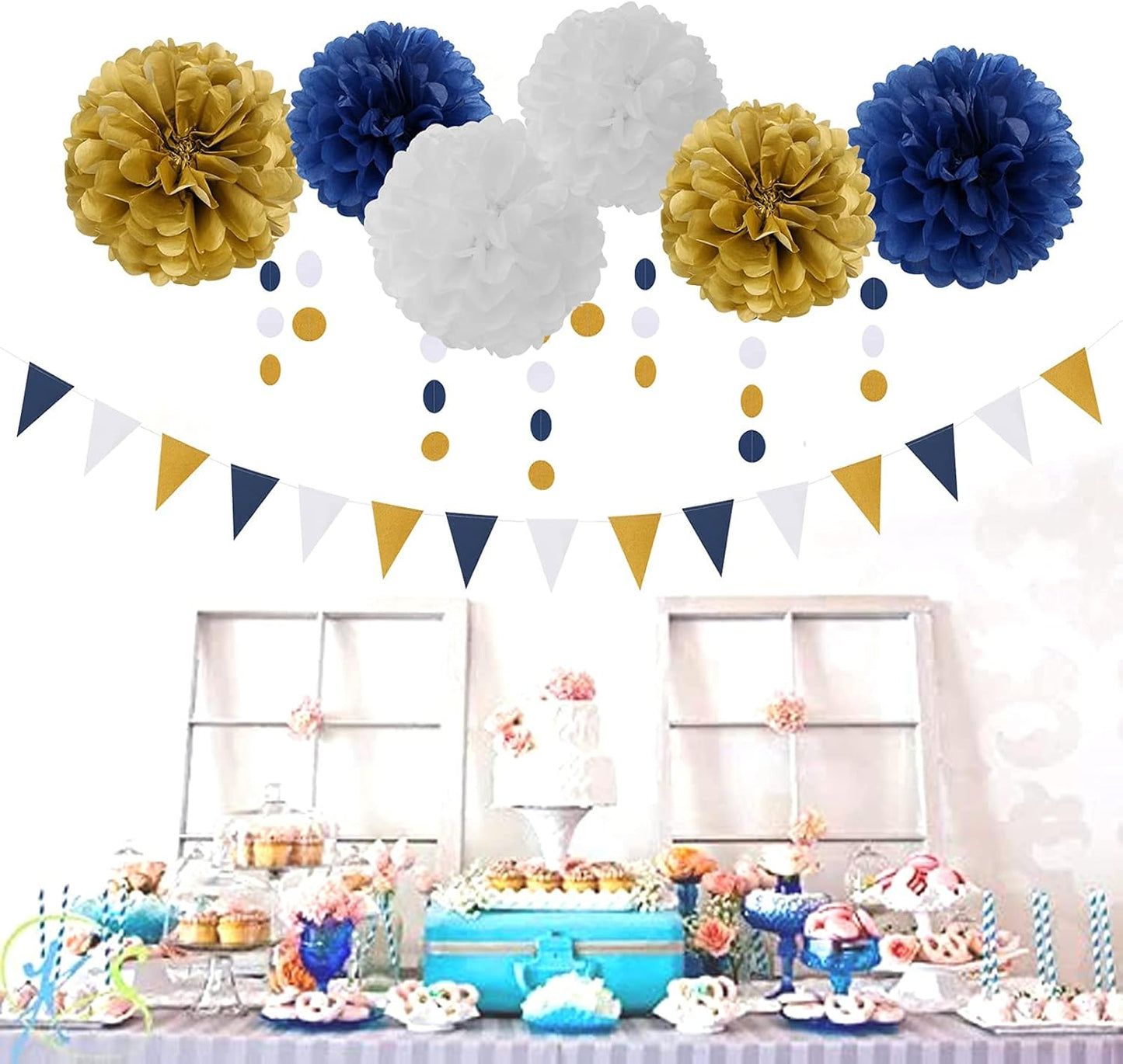 Navy Blue White Gold Party Decoration 23pcs Kits-Paper Flowers,Banner Flags,Circle Banner,Tassel Garland Birthday Bachelorette Boy Baby Shower Gender Reveal Graduation Decorations Lasting Surprise