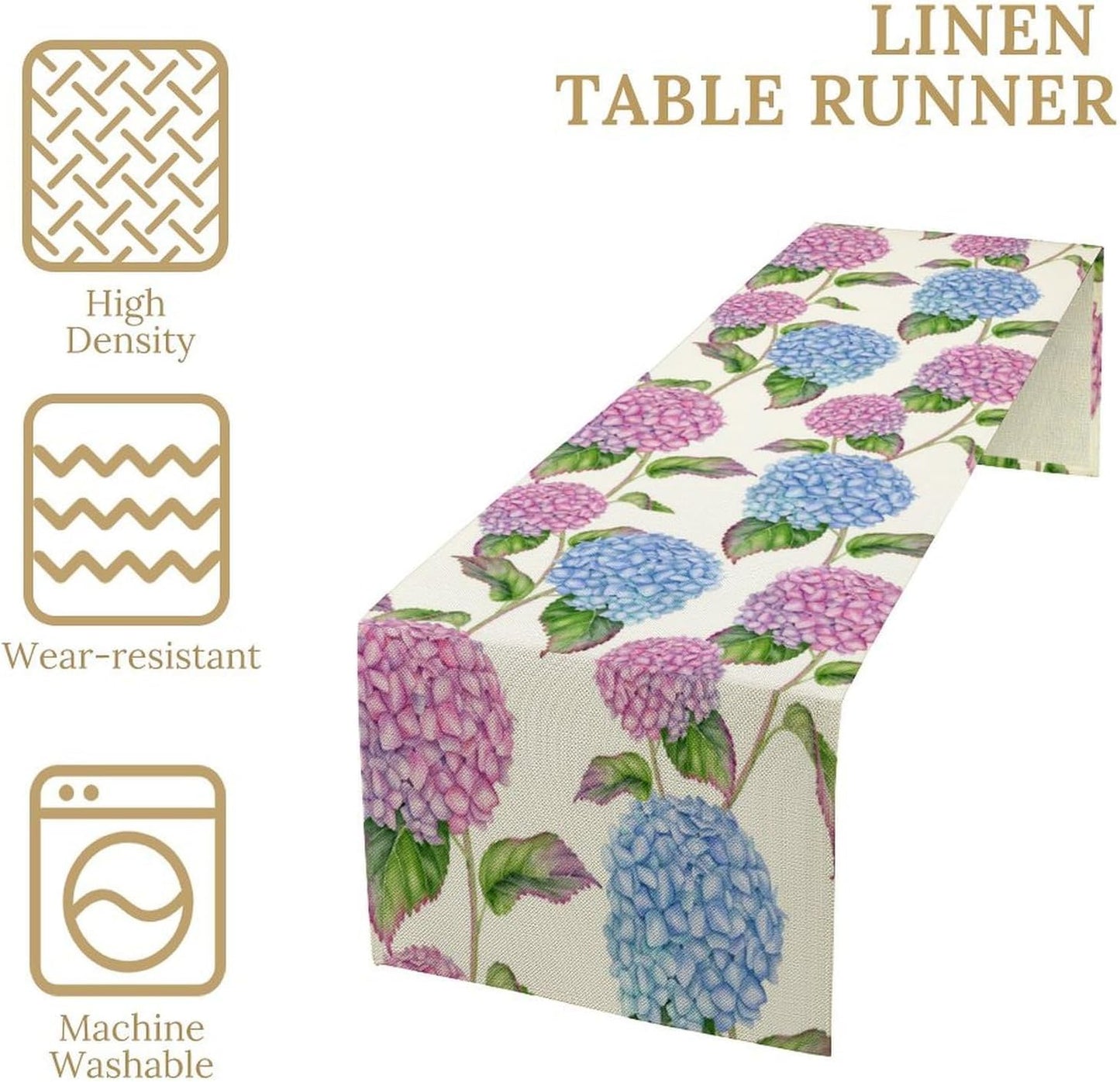 Spring Hydrangea Flower Table Runner, Seasonal Summer Plants Watercolor Pink Purple Florals Dinner Runner for Home Kitchen Dining Table Party Holiday Decoration 13"x70"