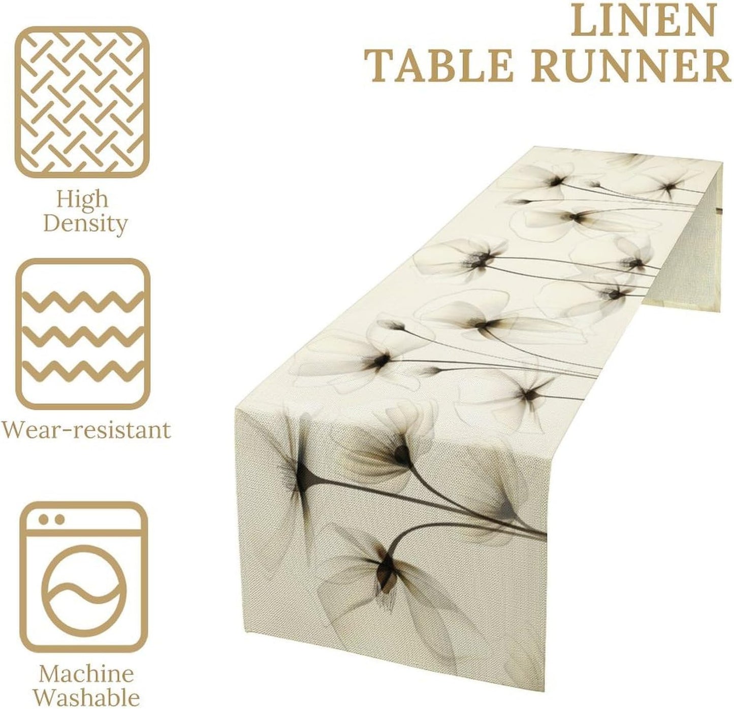 Abstract Floral Table Runner, Watercolor Transparent Beige Poppy Flowers Print Kitchen Dinning Table Runner for Indoor Outdoor Home Wedding Party Holiday, 13x108 Inch
