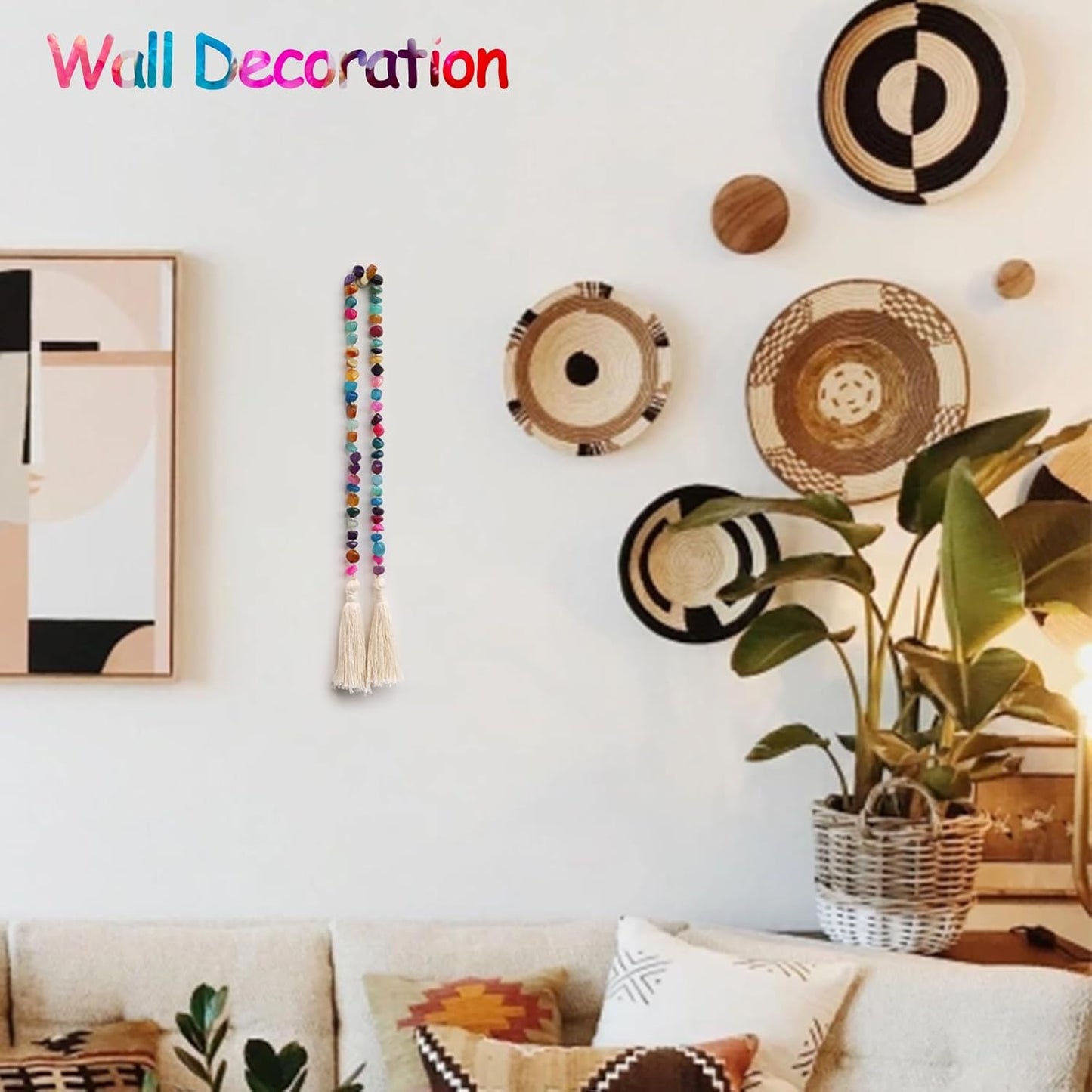 Agate Stone Hand Knotted Garland Modern Farmhouse Rustic Table Home Decor, 30inch Meditation Accessories with Tassel, Prayer Healing Beads Boho Wall Shelf Hanging Decoration (Deep Multicolor)