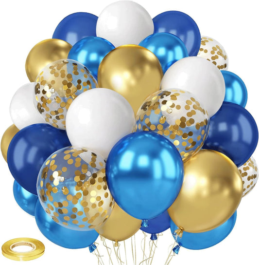 Navy Blue and Gold Confetti Balloons, 50pcs 12 Inch Metallic Blue Latex Confetti Balloons Matte White Latex Balloons with 33 Feet String for Birthday Wedding Gender Revea Decorations