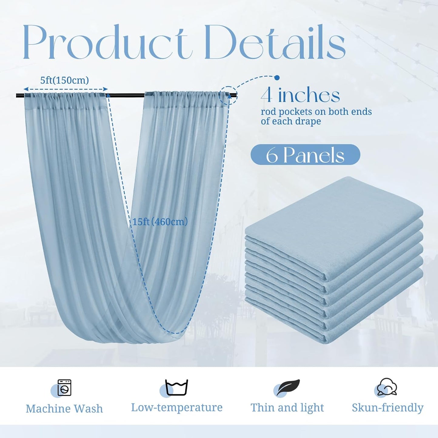 6 Panels Dusty Blue Ceiling Drapes for Wedding, 5ftx15ft Ceiling Drapes Cheesecloth Sheer Fabric Curtain Wedding Arch Draping Fabric Romantic Ceilings Decorations for Weddings Party Ceremony Stage