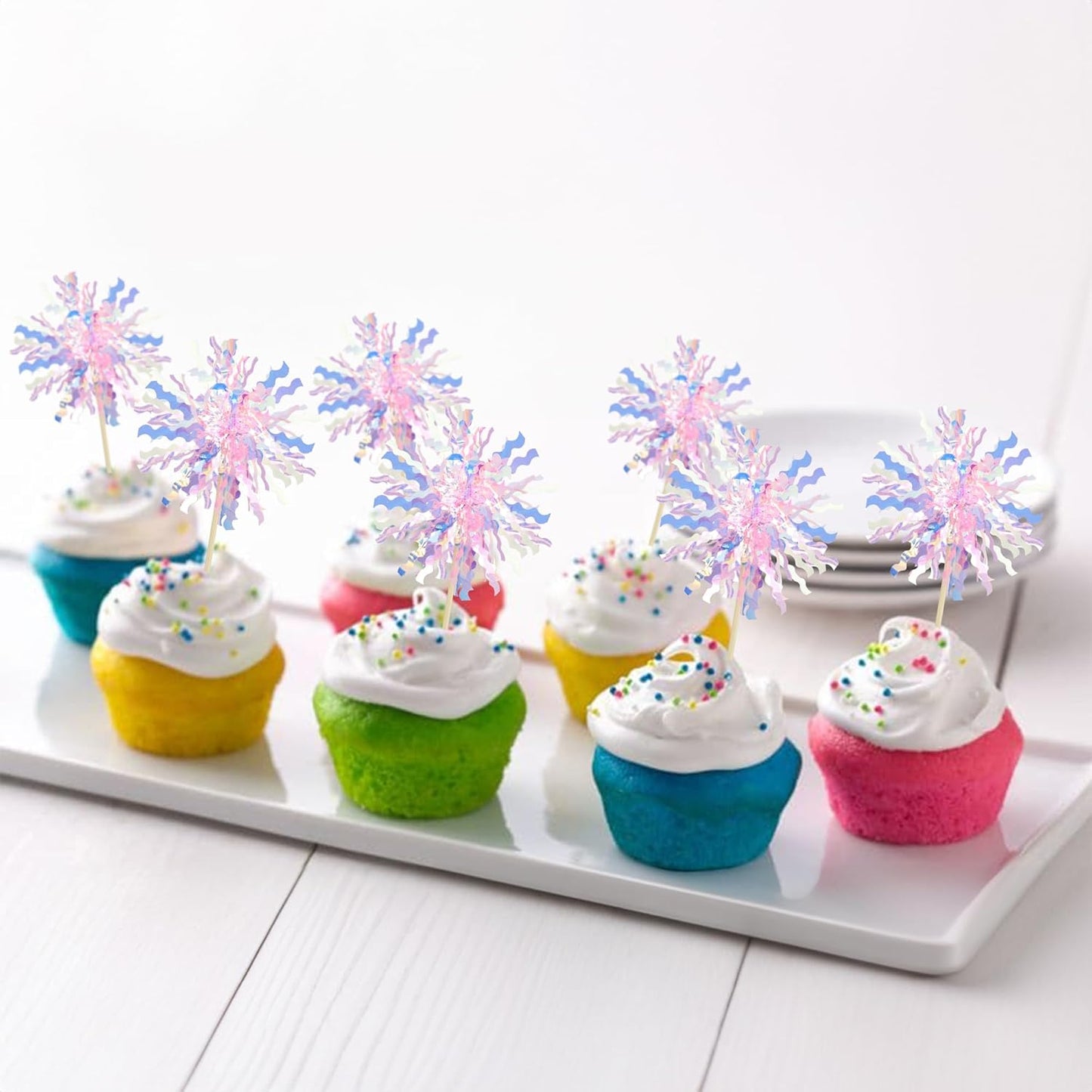 Gyufise 30Pcs Foil Firework Cupcake Toppers Sparkle Tinsel Cake Toppers Tinsel Drink Cake Decoration Cocktail Picks for Birthday Wedding Graduation Party Supplies Pink